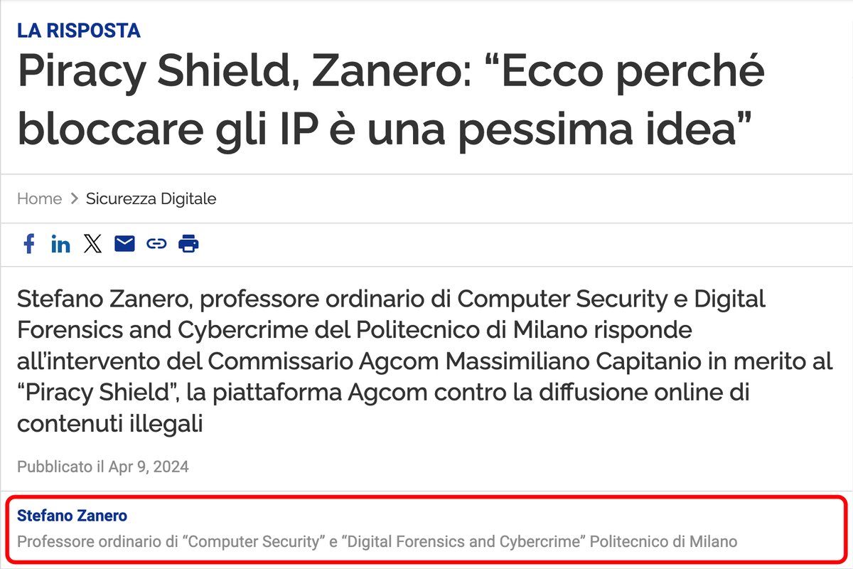 'In seguito all’articolo di qualche giorno fa a firma del commissario @AGCOMunica Capitanio, ritengo doveroso fare alcune osservazioni a commento'. Riassumendo: il PiracyShield è una enorme vaccata. Stefano @raistolo Zanero, 'anonimo utente ™ del web'. agendadigitale.eu/sicurezza/pira…