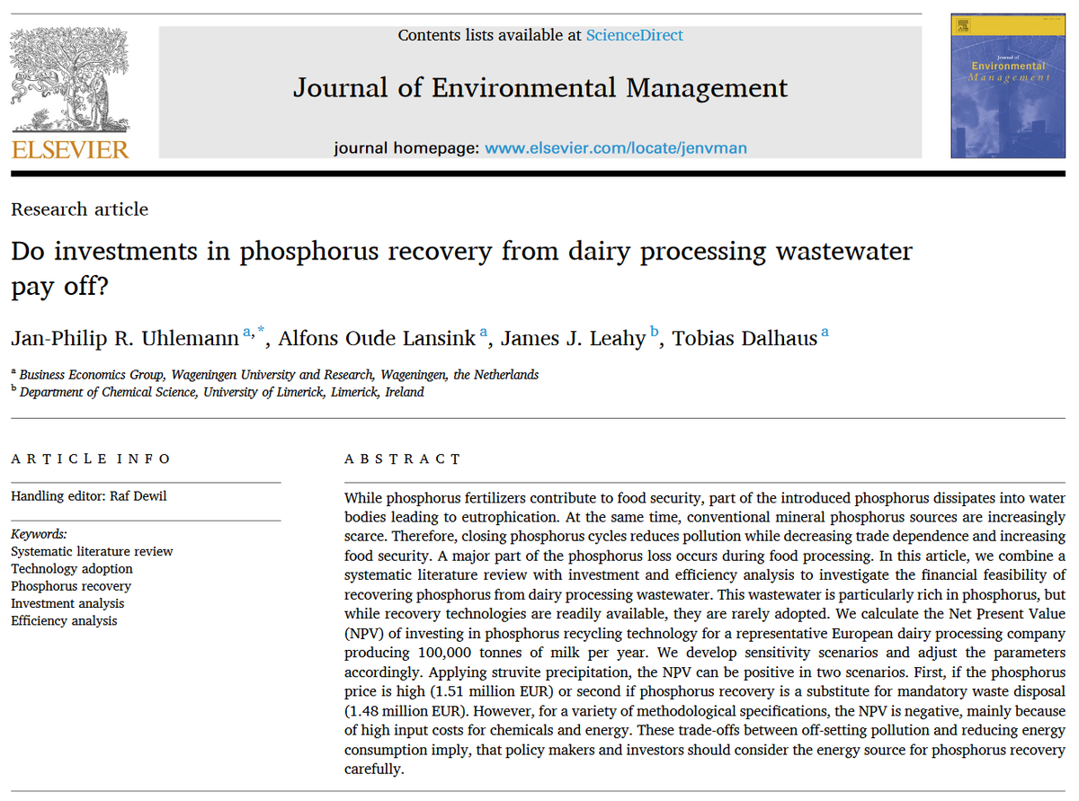 "Do investments in phosphorus recovery from dairy processing wastewater pay off?"
 
I am happy that my first phd paper with Alfons Oude Lansink, J.J. Leahy and @tobi_dal is published in the Journal of Environmental Management.

sciencedirect.com/science/articl…