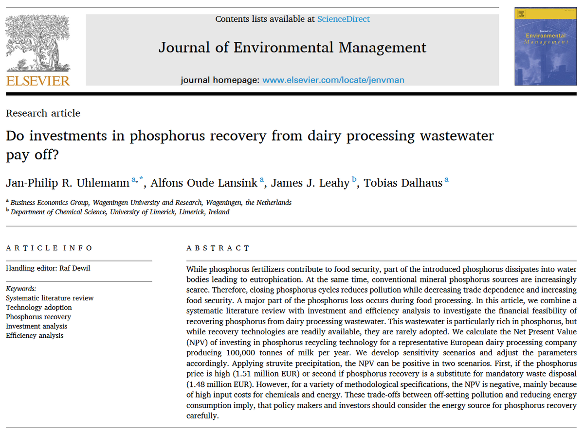 'Do investments in phosphorus recovery from dairy processing wastewater pay off?' I am happy that my first phd paper with Alfons Oude Lansink, J.J. Leahy and @tobi_dal is published in the Journal of Environmental Management. sciencedirect.com/science/articl…