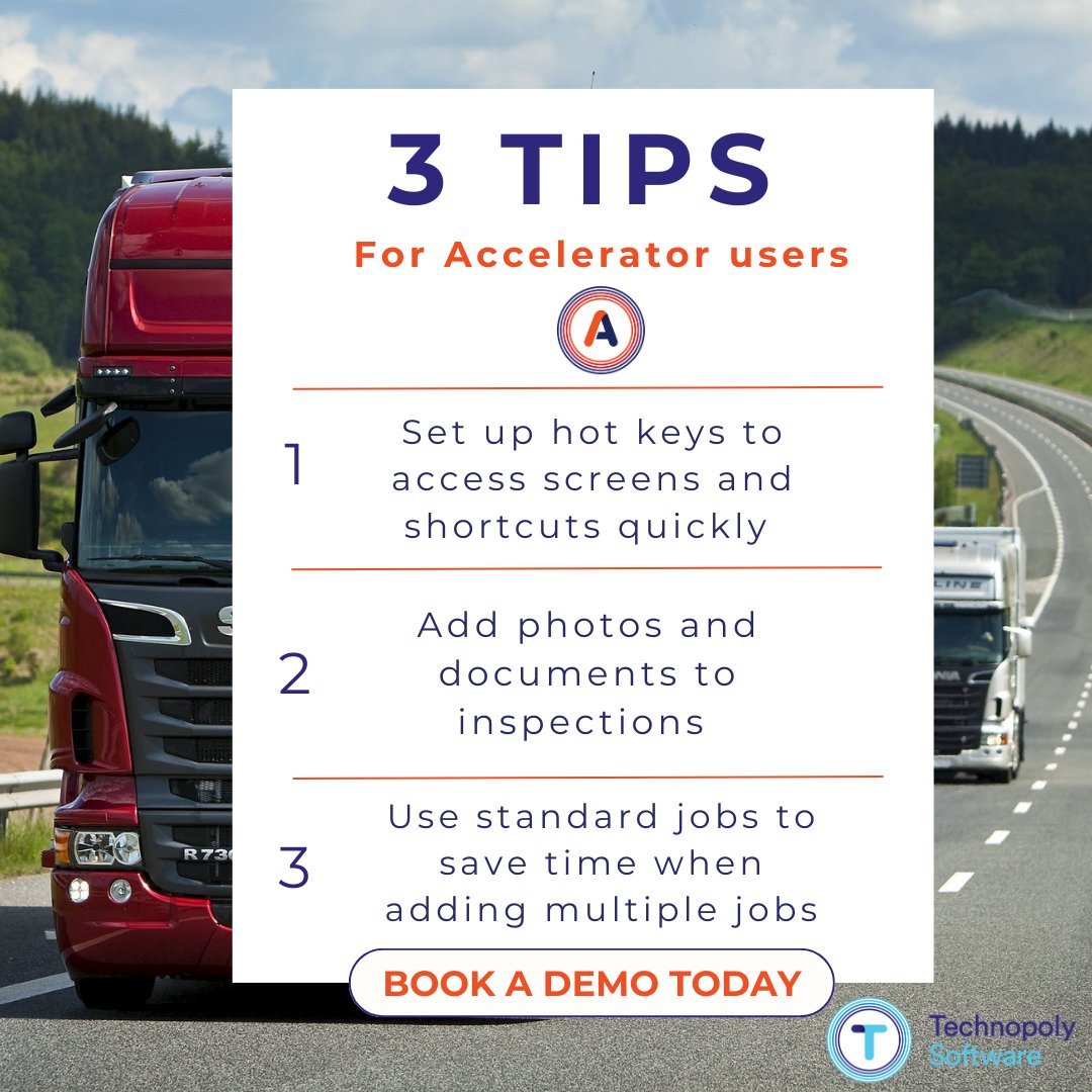 Tuesday's Top Tips! 🚛

Book a free Accelerator demo by calling us on 0844 375 4315 or visit our website: acceleratorfleetandworkshop.uk

#fleet #fleetmanagement #software #softwaredevelopment #tips