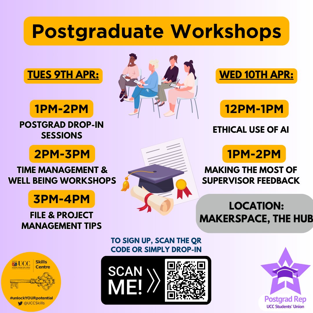 As part of UCCSU Postgrad Week, @UccSkills ar running a series of workshops on postgrad projects today and tomorrow in the Maker Space, by The Hub! Check out the first sessions on today, starting at 1pm!