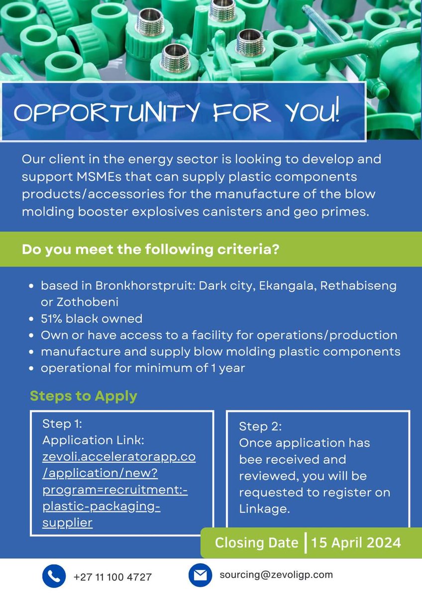 Opportunity Alert! Are you a Plastic Manufacturer in Bronkhorstspruit? 

Apply now: zevoli.acceleratorapp.co/application/ne…
Closing date: 15 April 2024
Contact 011 100 4727 or email sourcing@zevoligp.com for queries.

#PlasticManufacturing
#BlowMolding
#SustainablePlastic