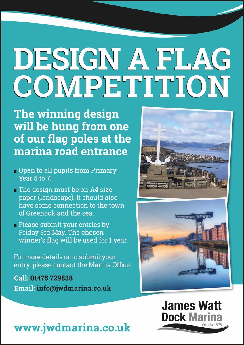 Time to dig out the crayons📷! It's our annual design a flag competition. It's open to all local P5 - P7 primary school pupils with the winning design flying proudly at the entrance to the Marina. 📷📷📷📷📷@inverclyde @inverclyde_now @greenocktele @discinverclyde