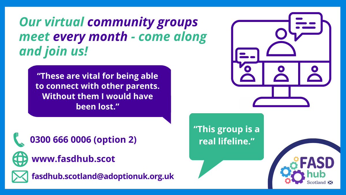 The hub hosts regular online FASD community group meetups. Come along and meet other people who understand where you're coming from. For more details, join our Facebook group here: ow.ly/ME0t50Rah50 #FASDWorkingTogether #FASD