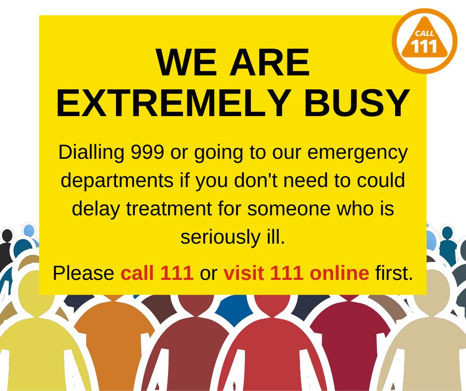 Our hospitals are currently very busy, so please only attend our emergency departments for immediately life-threatening cases. If you need urgent care, please call 111 or visit 111.nhs.uk - they’ll advise where to go to get the right treatment more quickly.
