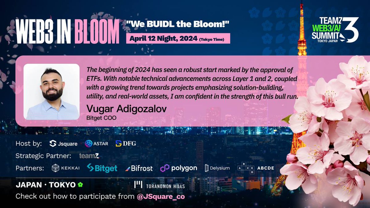 #Bitget JapanはTEAMZ WEB3 / AI SUMMIT 2024(@teamz_inc)のサイドイベント「Web3 in Bloom」のプラチナスポンサーをさせて頂いております🌸 「We BUIDL the Bloom!」をスローガンに掲げる当イベントは、Web3業界を牽引する起業家、投資家、インフルエンサー、メディア各社を招待し、開催されます。…