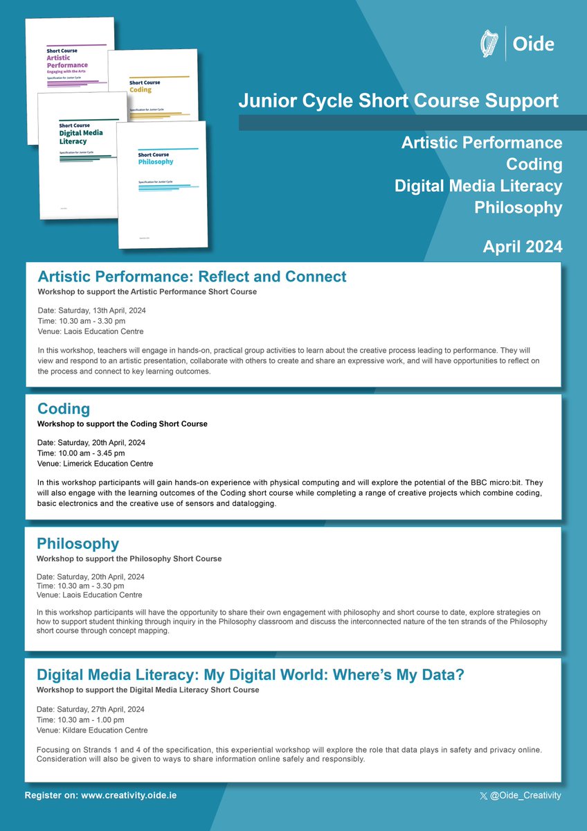 Are you teaching a junior cycle short course? We have a number of workshops on during April, which may support you! Artistic Performance - Sat. 13th, Coding and Philosophy - Sat. 20th and Digital Media Literacy - Sat. 27th. Register here: creativity.oide.ie