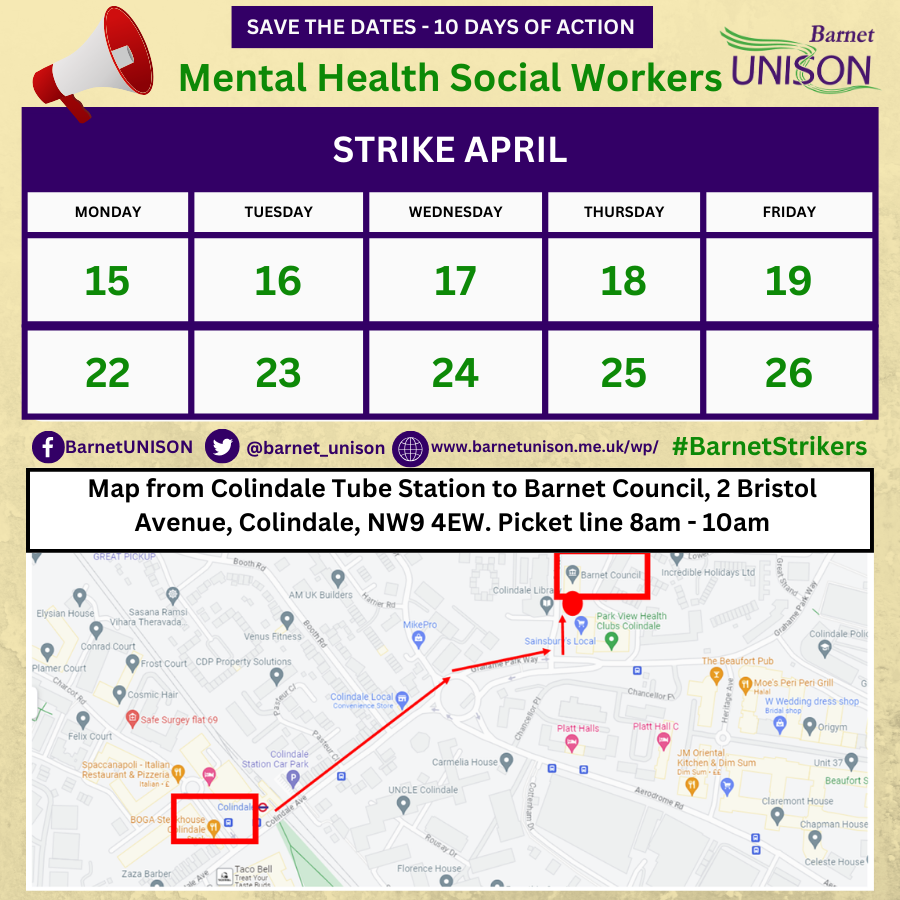 Updated 
#BarnetUNISON Mental Health social worker Picket lines for 15 April to 26 April 2024. All supporters are welcome.
@cmcanea
@unisontheunion
@NolanLibby
@steviecnorth
@mfish_9
@MikeShort8
@UNISONinLG
@tiddymoke
@YoungUNISON
#CostOfLivingCrisis #RightToStrike