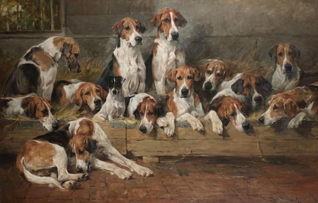 John Emms 1843-1912 was commissioned by Henry Martin Powell J.P. Master of the New Forest Foxhounds to paint this portrait of The New Forest Foxhounds at Furzey Lane Kennels near Lyndhurst 🇬🇧