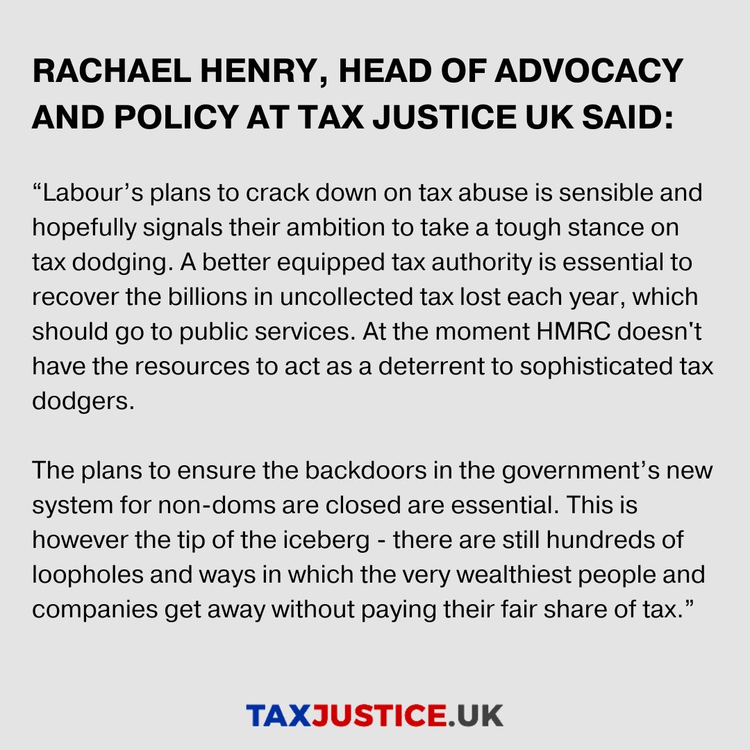 Labour has announced plans to crack down on tax dodging by giving HMRC more resources, and make sure backdoors in the government's new non-dom rules are closed down. Here's what our Head of Advocacy and Policy, @RachaelAHenry, has to say ⬇️