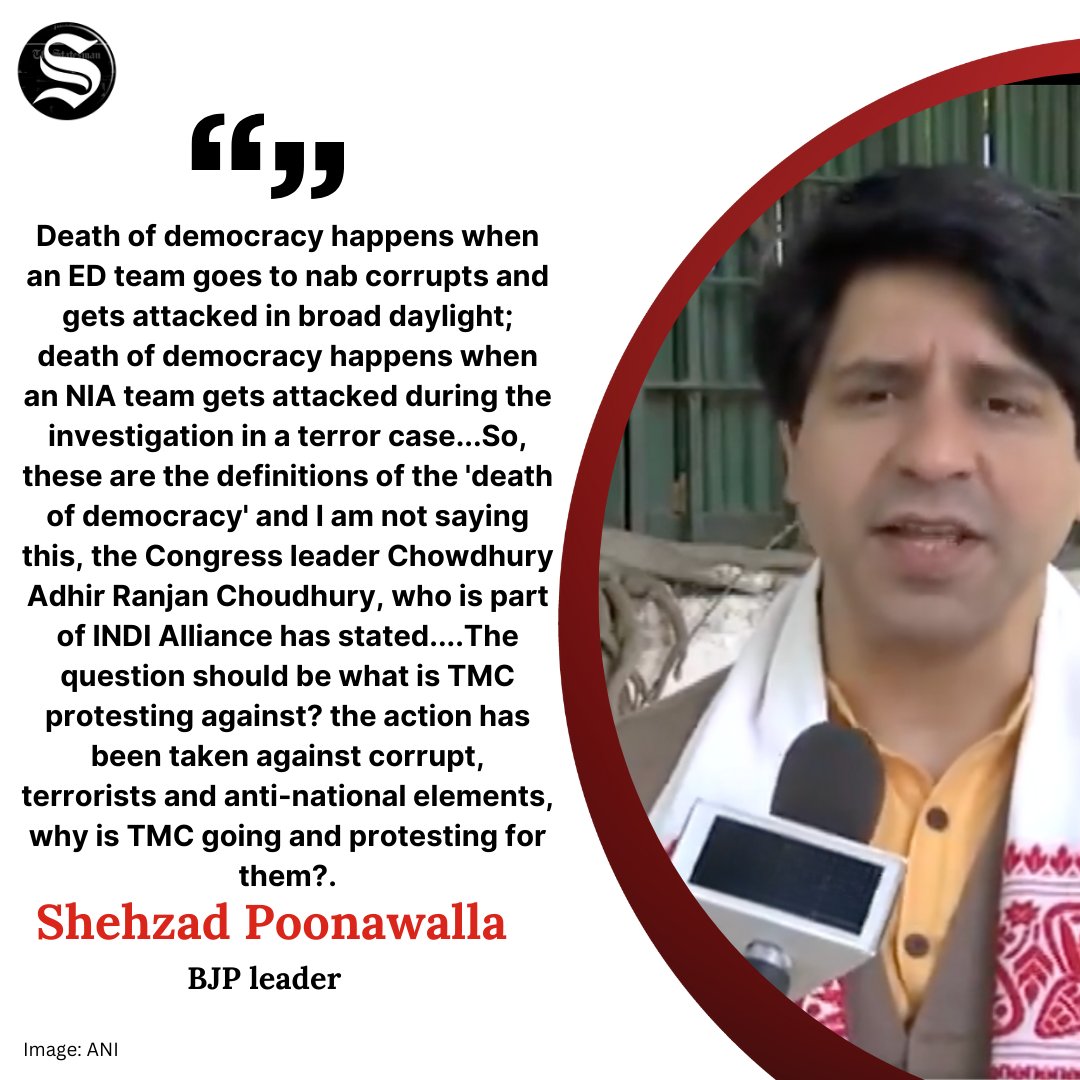 On TMC delegation protesting inside #DelhiPolice station, BJP leader #ShehzadPoonawalla says, 'Death of democracy happens when an #ED team goes to nab corrupts.....'

#BJP #TMC #politics #TheStatesman