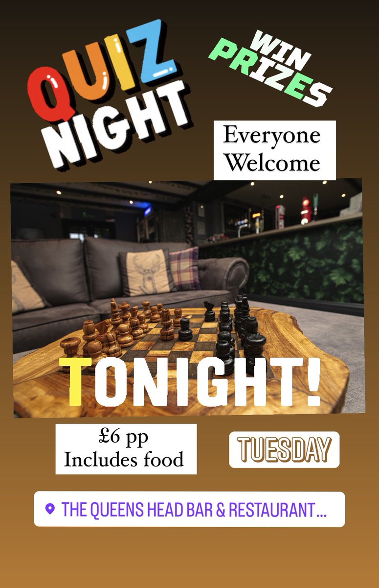 Got nothing planned tonight? 🤔 Fancy some 🤩 fun and a chance to win prizes? QUIZ NIGHT @QueensKirkby tonight! Everyone welcome £6pp gets you entry & free food (chefs choice) maximum team size is 6. #fun #Quiz #family #food #TuesdayMotivaton #team #win #prizes #LincsConnect