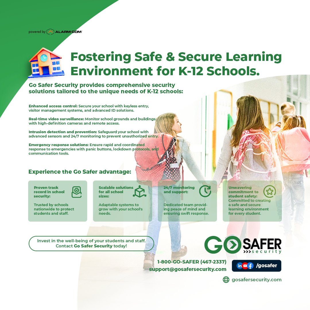 Go Safer Security ensures a safe K-12 environment, offering enhanced access control, real-time video surveillance, intrusion detection, and emergency response solutions. With a proven track record, scalable solutions, and unwavering commitment to student safety. #SchoolSafety