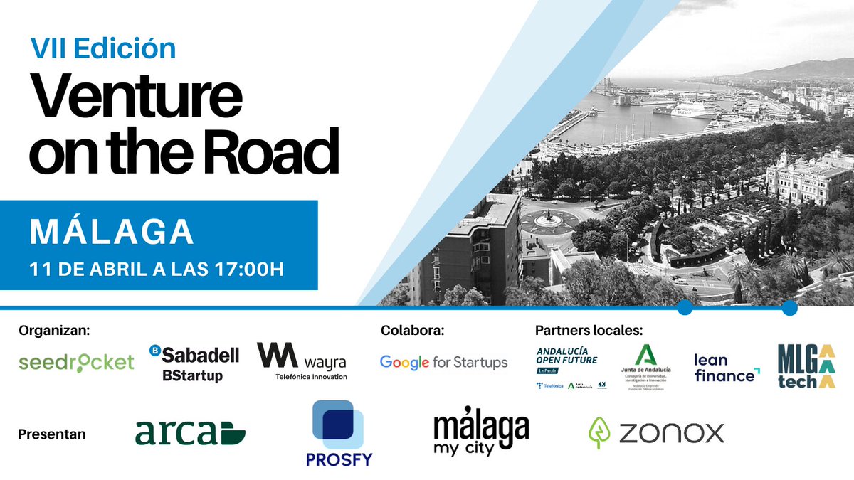 Este jueves #VentureOnTheRoad 🚙 llega en su 5.ª parada a 📍Málaga, donde nos reuniremos #inversores y #emprendedores para escuchar a los 4 proyectos finalistas. Te esperamos! 🔗seedrocket.com/vii-venture-on…