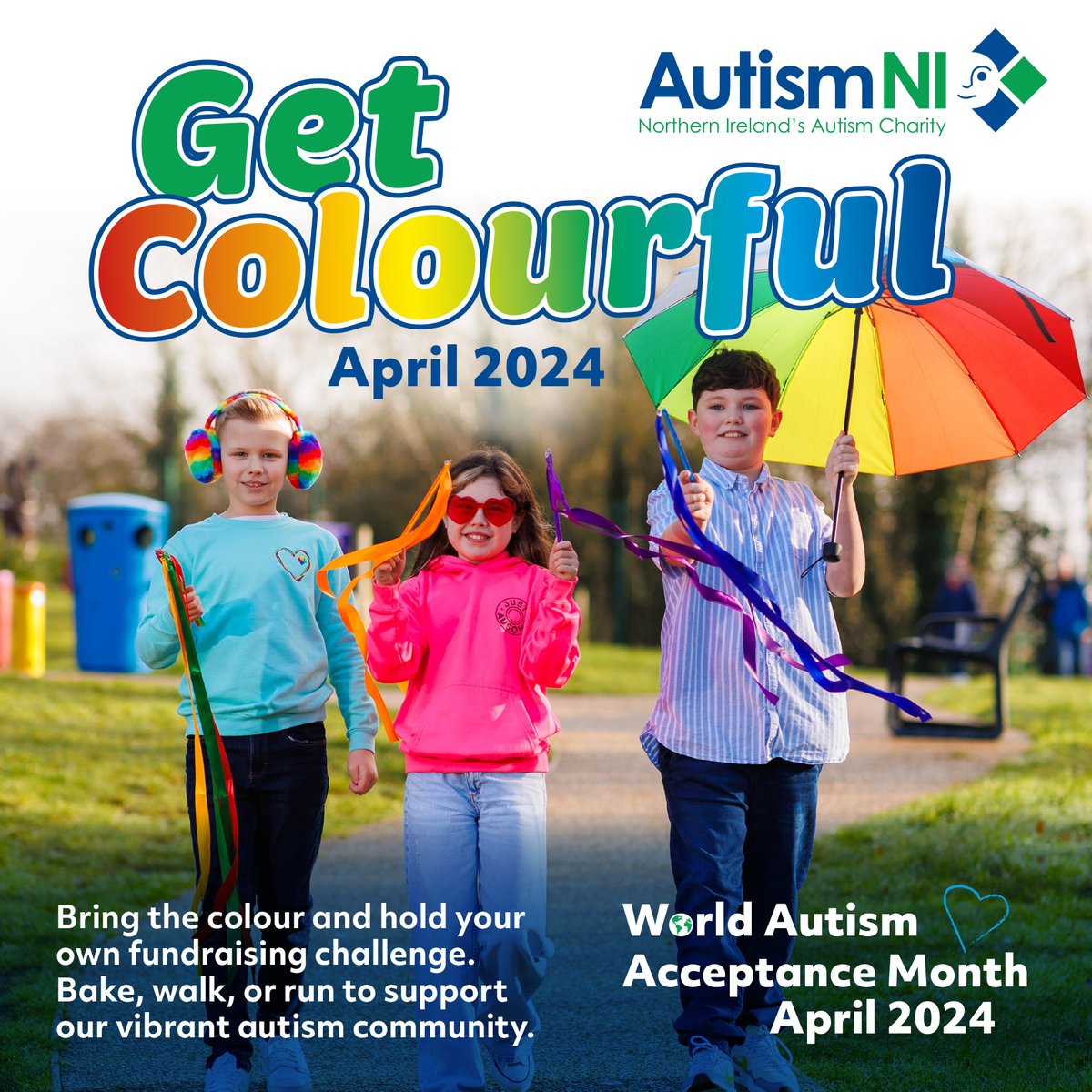 Let's get colourful this World Autism Acceptance Month! 🌈 ❤️Hold a Colourful 5k walk/run/cycle 🧡Hold a Colourful dress down day 💚Hold a Colourful bake sale Get a free fundraising pack, autismni.org/get-colourful #WorldAutismAcceptanceMonth #WAAW #BeKindToDifferentMinds