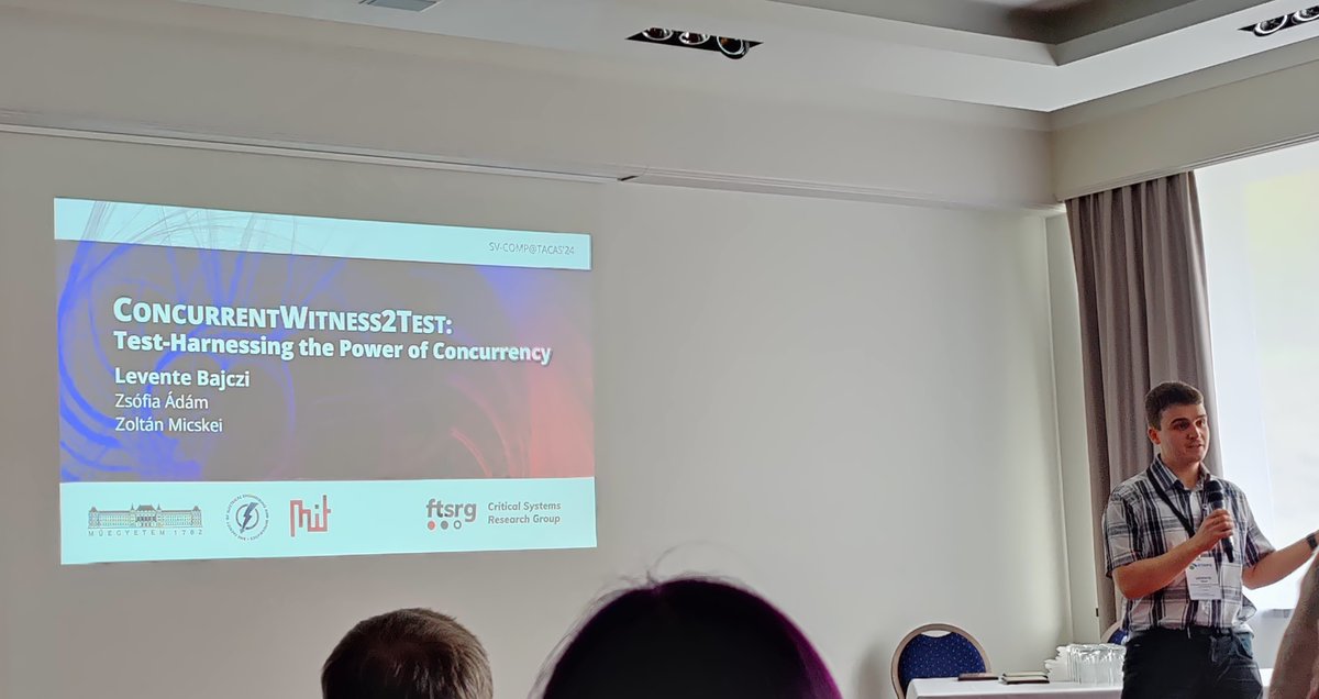 ftsrg_bme's tweet photo. Three of our colleagues, Zsófia Ádám @zsofi_adam, Levente Bajczi @bajczilevi and Csanád Telbisz have 
presented papers at the SV-COMP session, chaired by @beyer_dirk at @ETAPSconf yesterday. https://t.co/fXhCaWj49z