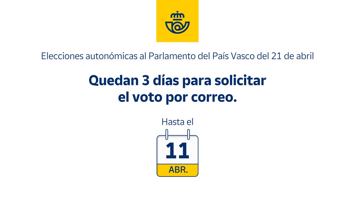 📢 Recuerda 📢 El próximo 11 de abril finaliza el plazo para solicitar tu voto por correo para las elecciones al Parlamento Vasco. Puedes hacerlo en cualquiera de nuestras oficinas o vía telemática en correos.es