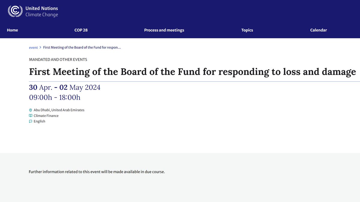 1/9.⚠️USEFUL INFO: The first meeting of the Board of the #LossAndDamage Fund will be held from the 30th of April to the 02nd of May, 2024, in Abu Dhabi, in the United Arab Emirates 🇦🇪. 🔗Find the @UNFCCC webpage for the meeting here: unfccc.int/event/first-me…