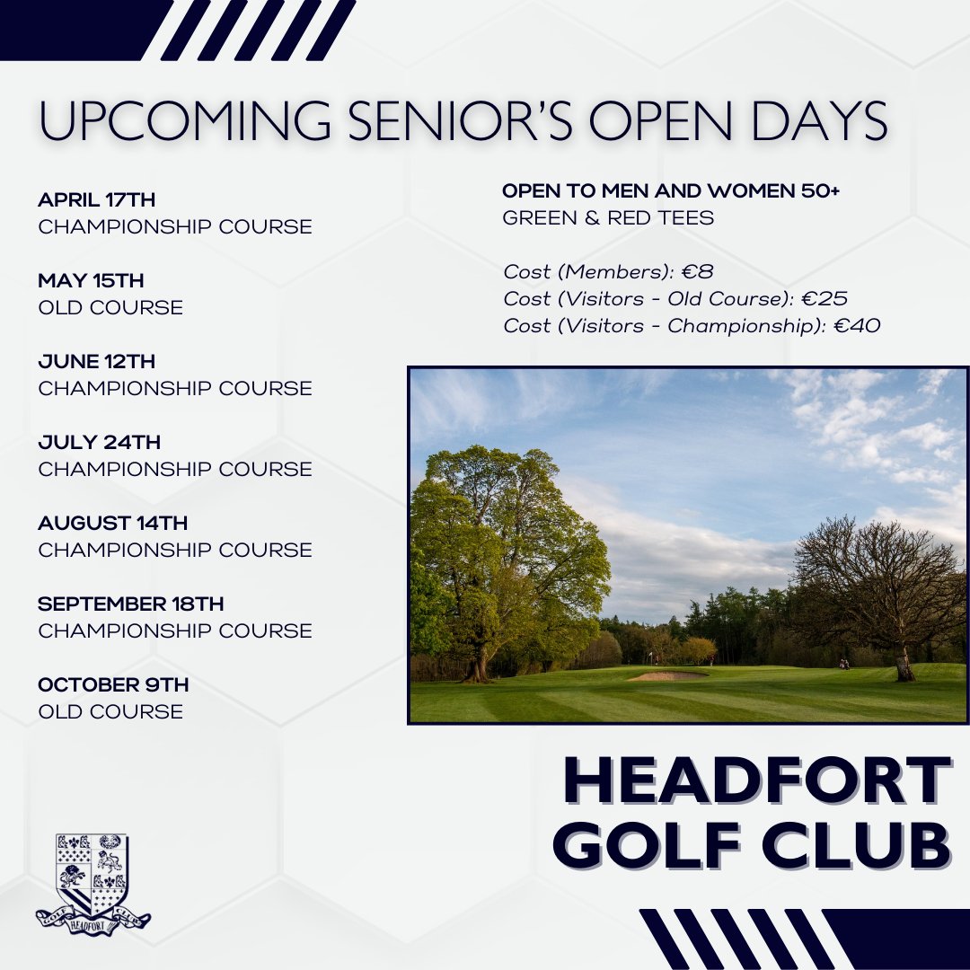 Our Senior's Open Days kick off next week with Stableford competitions for men and women on our Championship Course⛳ We look forward to welcoming you! BOOK NOW: visitors.brsgolf.com/headfort#/open…