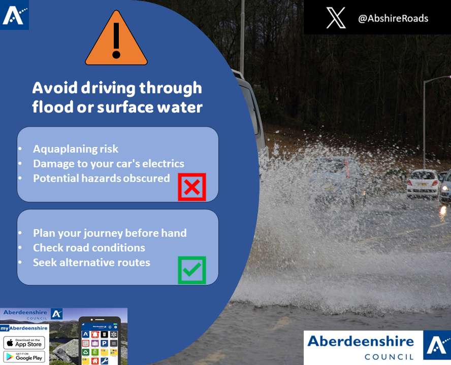 ⚠️Surface Water impacting network ⚠️ 🟨YELLOW weather warning for rain 🌧️currently issued across @Aberdeenshire until 18:00pm tonight. Pre-vehicle checks ✅, Plan your journey ahead of time 🚗, Stay up to date on road conditions 🛣️, Drive to the conditions 🌧️🌊.