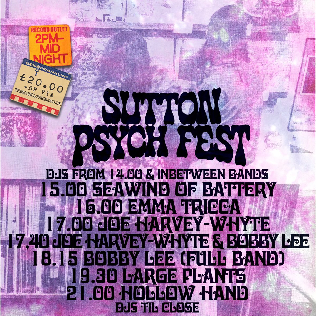 Here’s the timings for Sutton Psych Fest this Saturday at @soundloungeCIC . I’ll be doing a full band show and a set of new material with Joe Harvey-Whyte. @seawndofbattery @emmatricca @LargePlantsBand @hollowhand @Dannythechamp