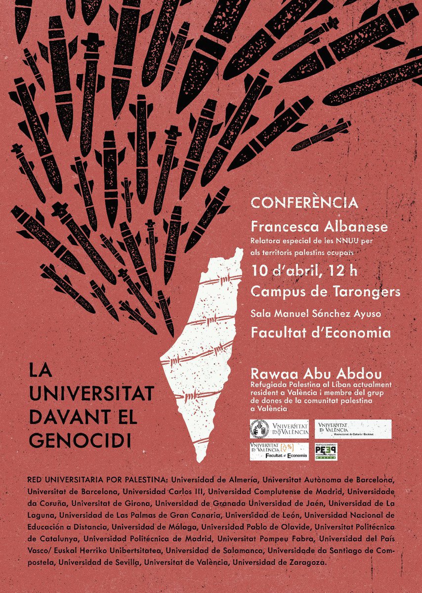 “LA UNIVERSITAT DAVANT EL GENOCIDI” conferència de Francesca Albanese, Relatora Especial de NNUU,connexió simultània, dimecres 10 d'abril 12:00, Campus de Tarongers, Facultat d'economia, Sala Manuel Sánchez Ayuso. Amb Rawaa Abu Abdou, Refugiada Palestina. uv.es/uvweb/cgt/ca/n…