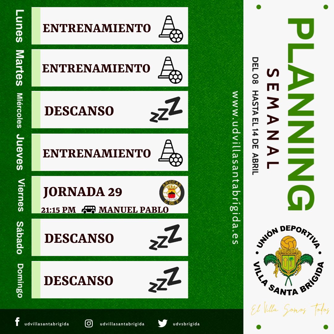 🔸PLANNING SEMANAL🔸 ✨Aquí tenemos el planning semanal del PRIMER EQUIPO donde este viernes jugará ante el ARUCAS de visita.✨ #elvillasomostodos💚