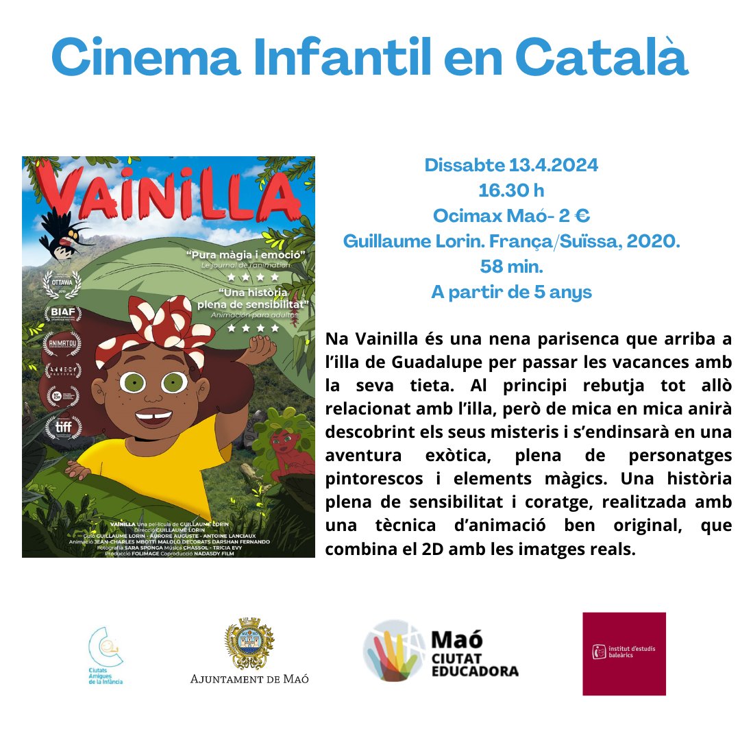 El proper dissabte, nova sessió de Cinema Infantil en Català! 'Vainilla' és una pel·lícula pensada per a 👦infants a partir de 5 anys. 📍 Cinemes Ocimax 📅 Dissabte 13 d'abril, a les 16.30 hores #ajuntamentmaó #maó #cinemainfantil #maósempreviu