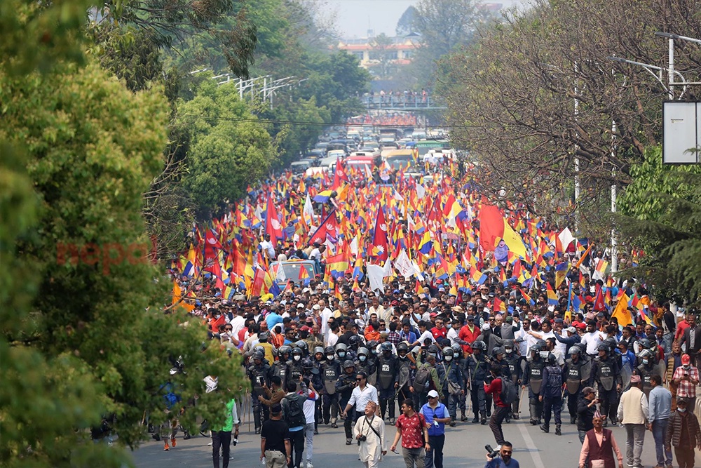 Traffic around Singha Durbar, the country's main administrative hub, goes out of control as parties loyal to former King Gyanendra protest demanding restoration of constitutional monarch. A few leaders arrested by police. Avoid this route if you are traveling.