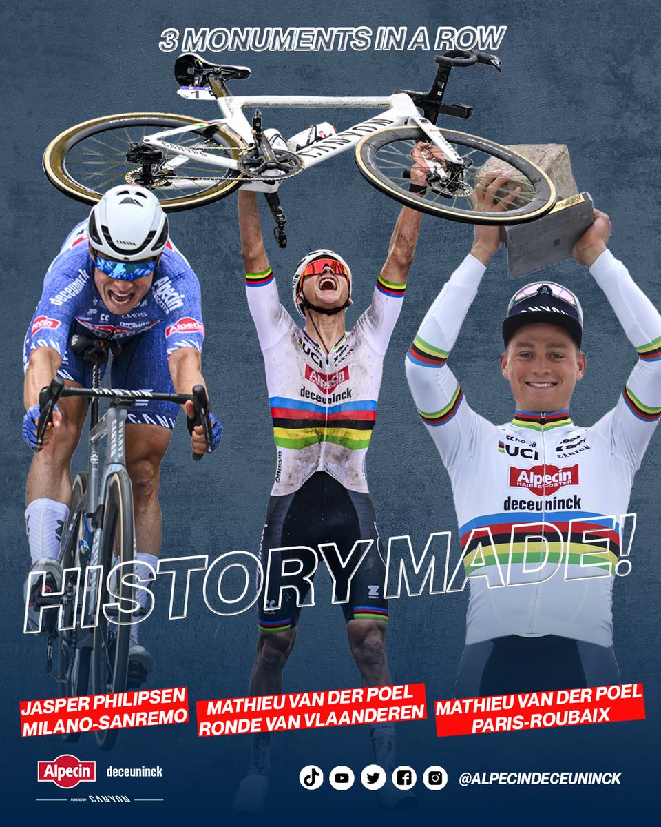 Monumental history. 🕋

First team to win the first three cycling monuments, in one season. 

🏆 @Milano_Sanremo 
🦁 @RondeVlaanderen 
🪨 @parisroubaix 

#AlpecinDeceuninck #MilanoSanremo #RVV24 #ParisRoubaix #MVDP #JasperPhilipsen