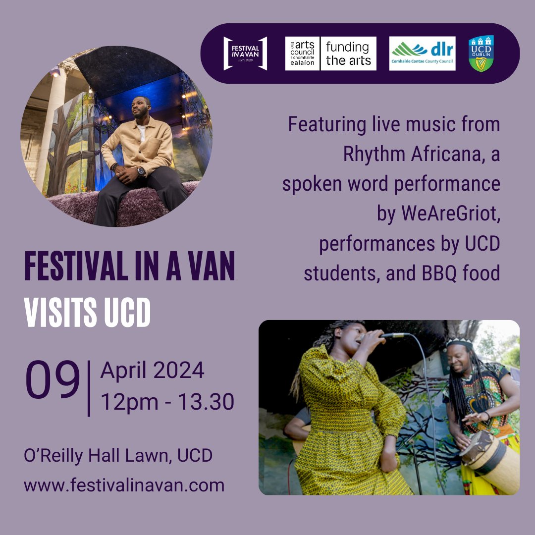 Hey @ucddublin, today's the day! We're heading your way 12pm - 13.30 with music, poetry, spoken word, theatre from @RhythmAfricana, WeAreGriot + more. There'll be BBQ food trucks too 🍔 Funded by @artscouncil_ie @dlrArts w/ support from @creativefutur16 @HumanitiesUCD @UCDEstates