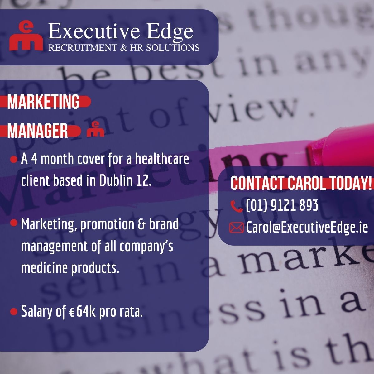 Carol has an opening for a Marketing Manager in a temporary role with a healthcare client. Chat with Carol today on (01) 9121 893 about this role!
Find out more at: executiveedge.ie/job/marketing-…
#DublinJobs