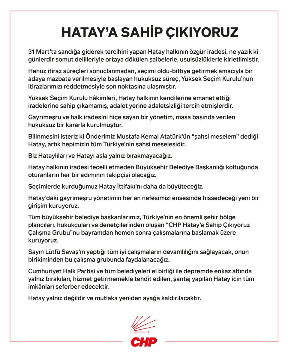 Seçimlerde kurduğumuz Hatay İttifakı’nı daha da büyüteceğiz. Hatay’daki gayrımeşru yönetimin her an nefesimizi ensesinde hissedeceği yeni bir girişim kuruyoruz.