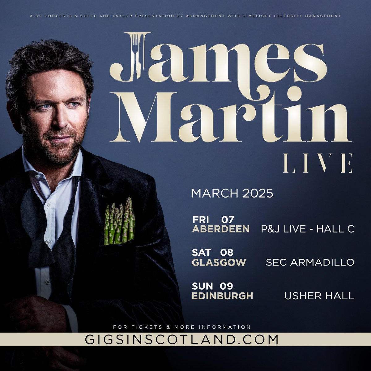 PRE-SALE NOW ON 🔥» @jamesmartinchef Live @PandJLive - Hall C, Aberdeen | 7th March 2025 SEC Armadillo, Glasgow | 8th March 2025 @theusherhall, Edinburgh | 9th March 2025 TICKETS ⇾ gigss.co/james-martin