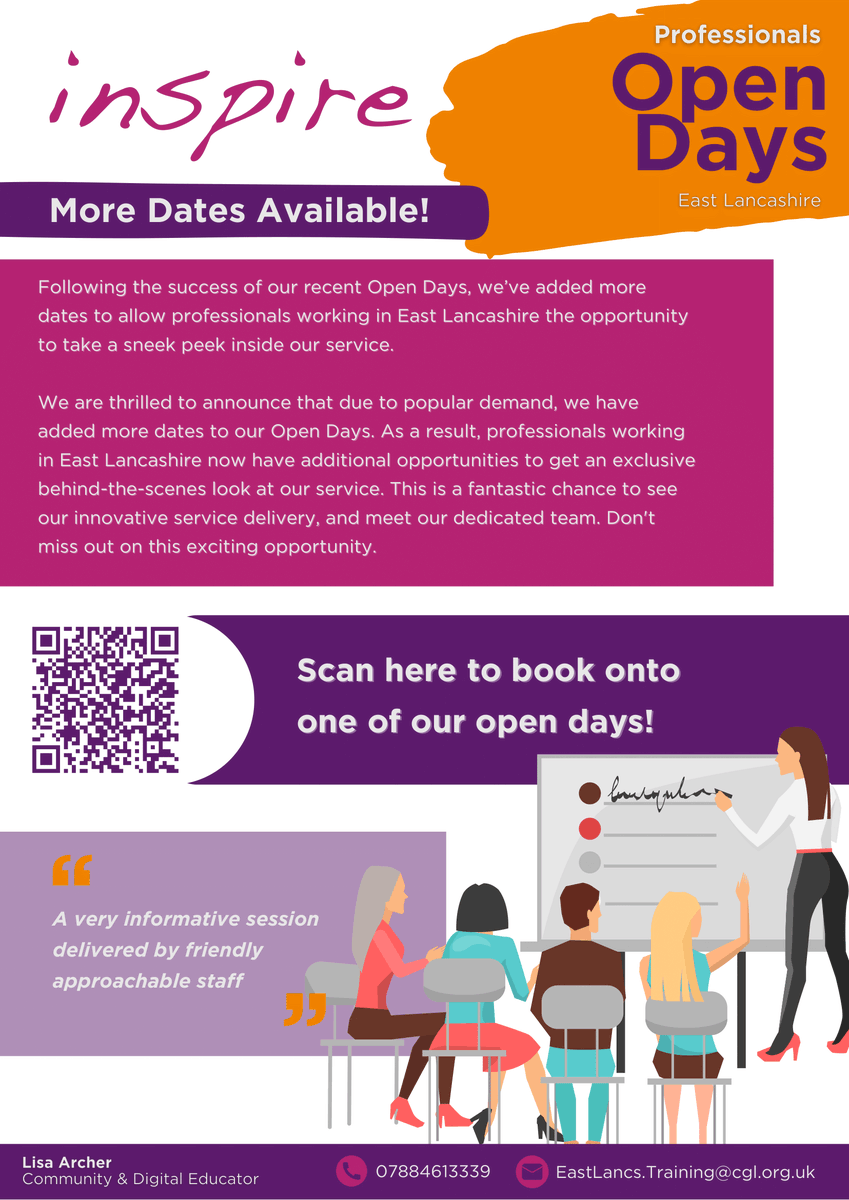 Exciting update: Inspire adds more Open Day dates! Professionals in East Lancashire now have extra chances to explore service innovations and meet the team. Don't miss out—scan the QR for details!