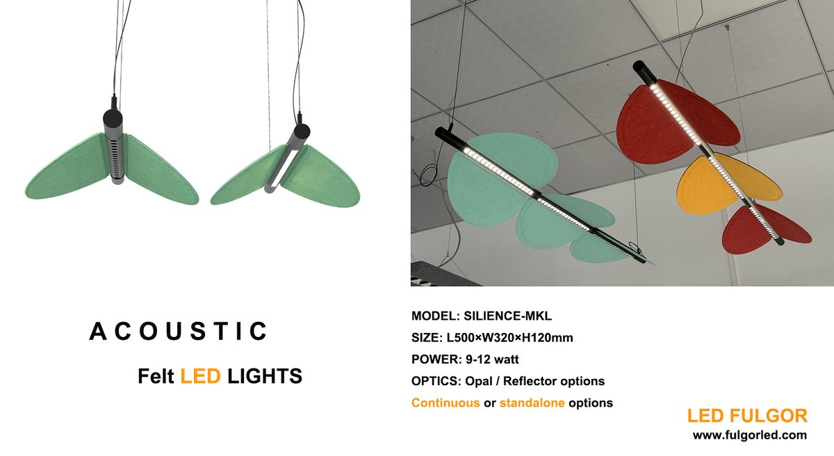 JonnyTa77296761's tweet image. This is the latest ACOUSTIC Wing designed by LED FULGOR. It has an extremely slim cylindrical aluminum profile. The acoustic panel of the wing is extruded and will not sag even after a long period of time. fulgorled.com/displayproduct…

#Acousticwing #acousticlighting #acousticsolution