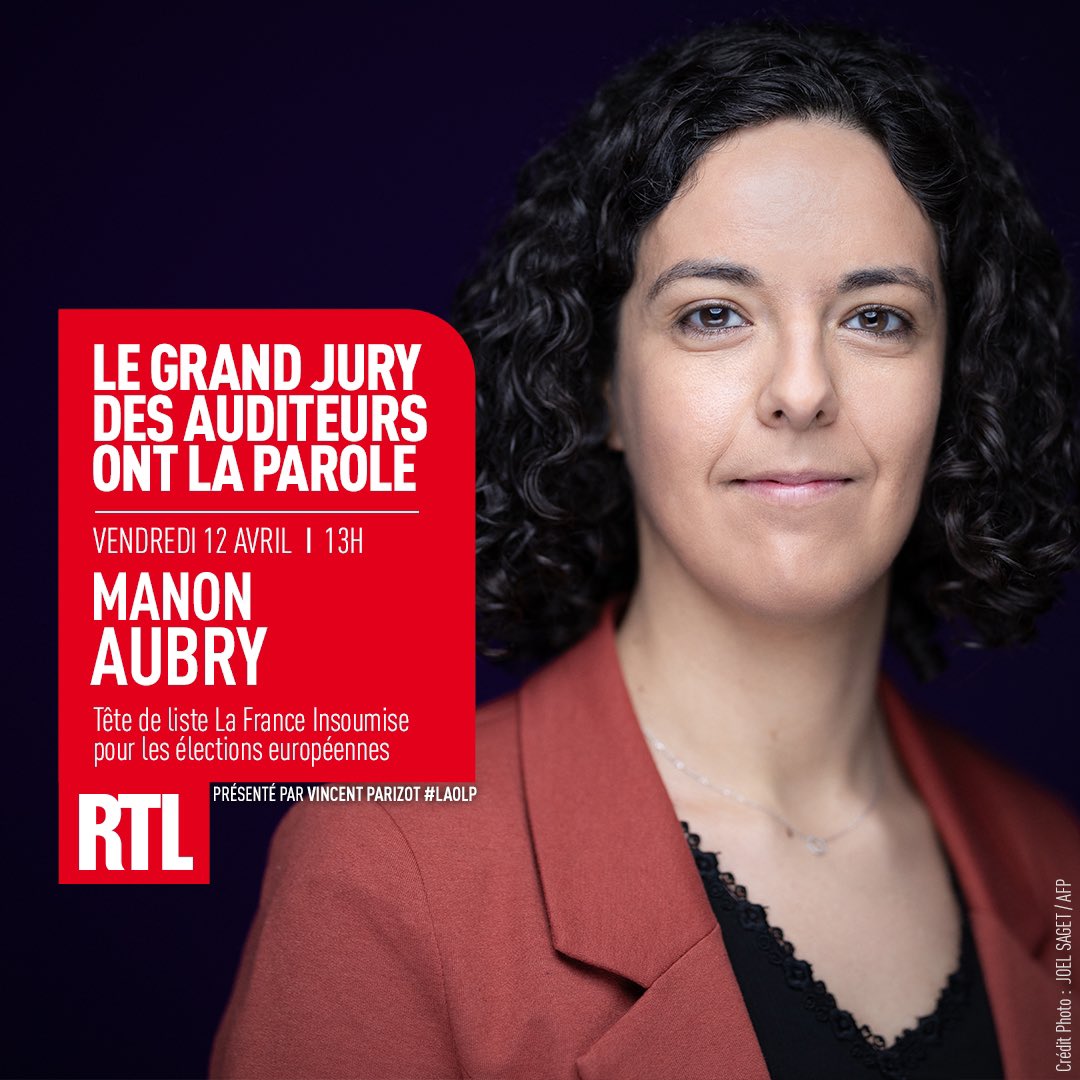 🇪🇺📻🗳️🎙️ Aujourd'hui, à partir de 13h, @ManonAubryFr, la tête de liste @FranceInsoumise pour les élections européennes sera l'invitée de @vincent_parizot et @LisaMarieMrqs dans 'Le Grand Jury des Auditeurs'. #LAOLP #RTL