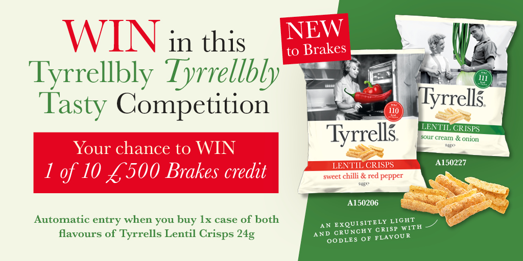 Your chance to WIN 1 of 10 £500 Brakes credit in this Tyrrellbly Tyrrellbly Tasty Competition with automatic entry when you buy 1 x case of both flavours of Tyrrells Lentil Crisps - NEW to Brakes! 🌶️ Sweet Chilli & Red Pepper 🧅 Sour Cream & Onion brake.co.uk/shop-our-brand…