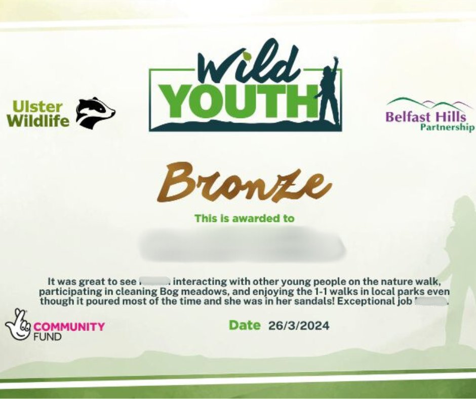 Well done to @BelfastTrust young person on the one to one programme who achieved their Bronze Award through @UlsterWildlife 🐾 Activities that included nature walks, nature photography, pencil making from tree branches, outdoor S’more making and cleaning of public park areas. 🎉