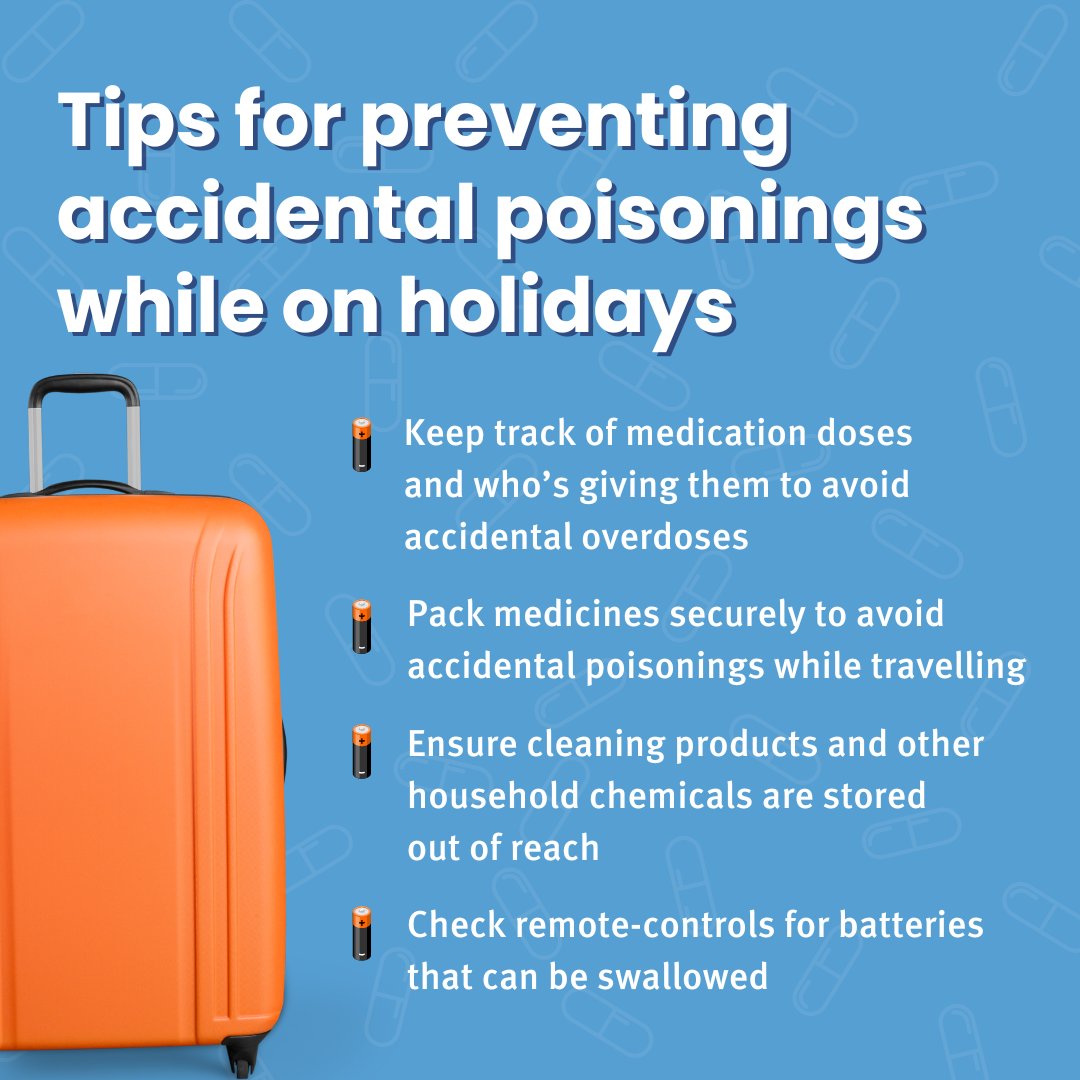 Accidental #poisonings in kids typically increase during #school #holidays when families are away from home & normal routines change. Help keep your kids #safe by following these tips. 👇 For more info on household poisoning & #prevention, visit 👉 bit.ly/3QZxnEi
