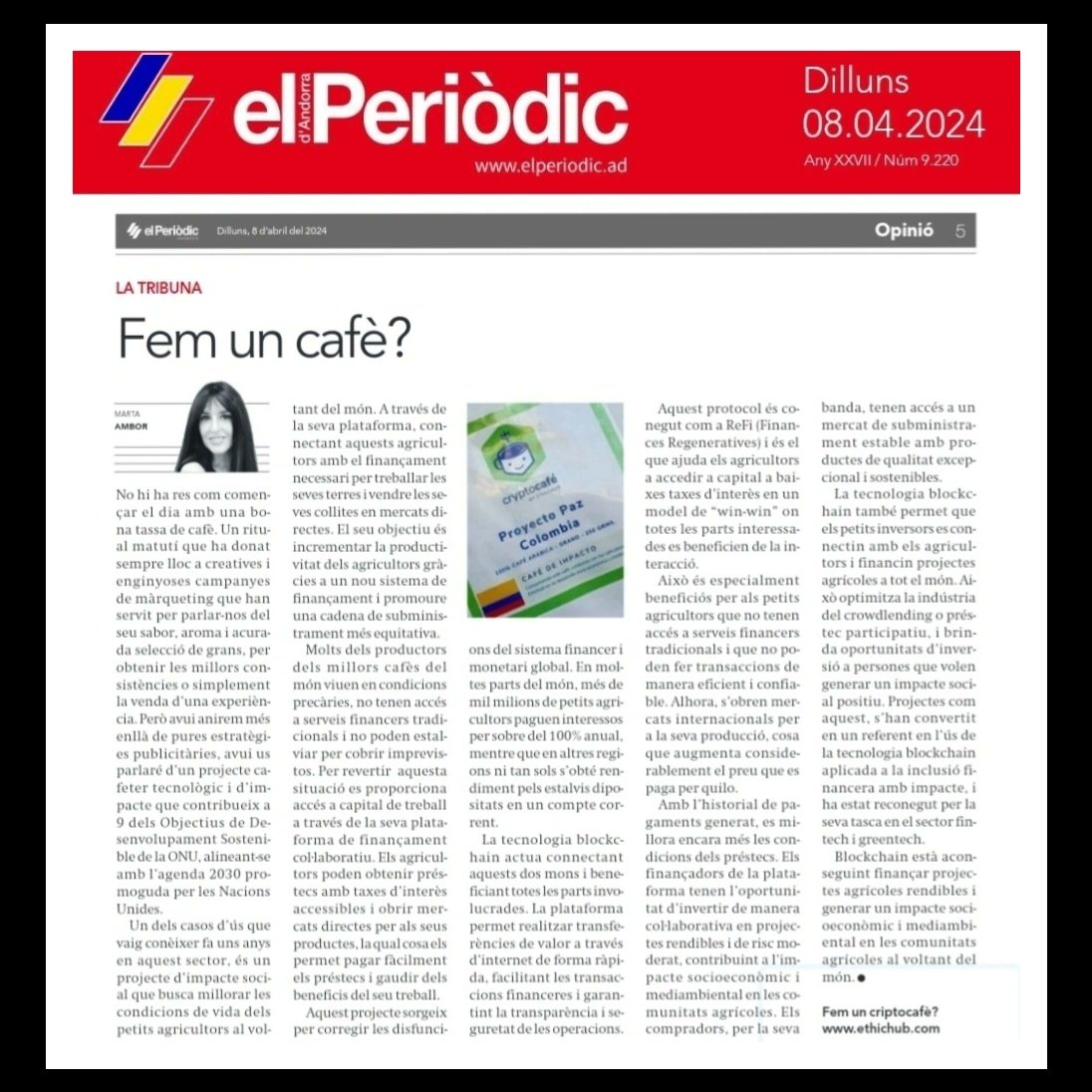 Hoy cryptocafé ☕️ by @EthicHub 💚 Article d'opinió🗞  El Periòdic d'Andorra 🇦🇩 👉 elperiodic.ad/opinio/article… #blockchain #impacto #cafe #ReFi #DeFi #desarrollocultural #cafesostenible #cryptocafe #cafeorgánico #coffeelovers @cryptocafemad