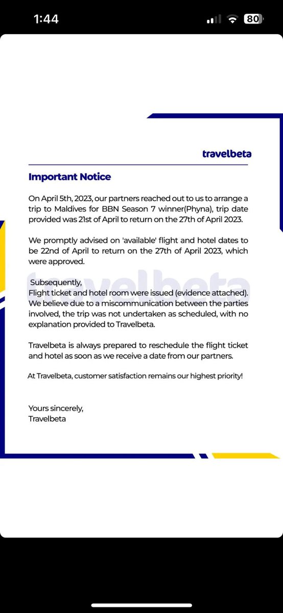 Travelbeta releases receipts to show that they paid for all what Phyna deserved in 2023 but Multichoice decided not to give Phyna the tickets.

Multichoice get case to answer here.

Na wa 

#BBNaija #Phyna