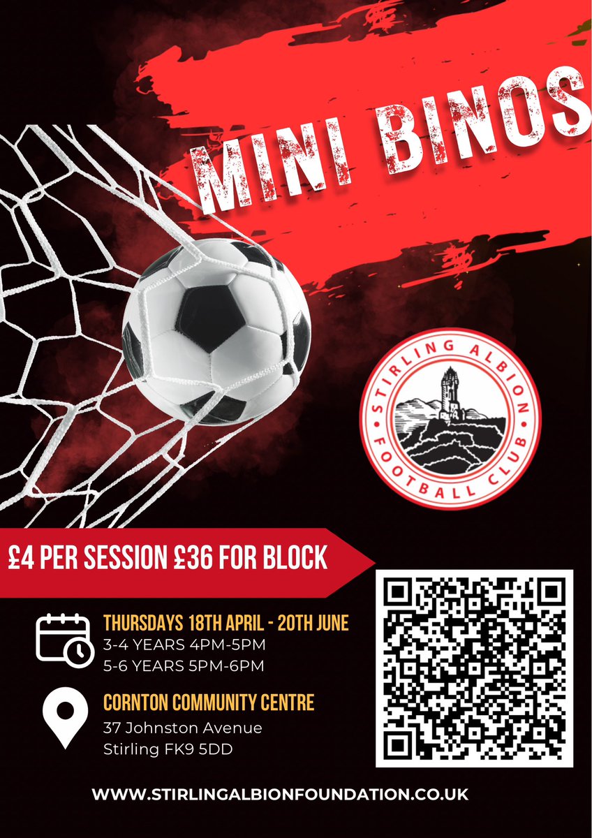 @StirlingAlbion_ are delivering Mini Binos sessions @ Cornton Community Centre on Thursdays (4-6pm) Check out their flyer for more information and to sign up! @ClubSportStlg @activestirling1 @CorntonNursery @StirlingCouncil @CorntonS