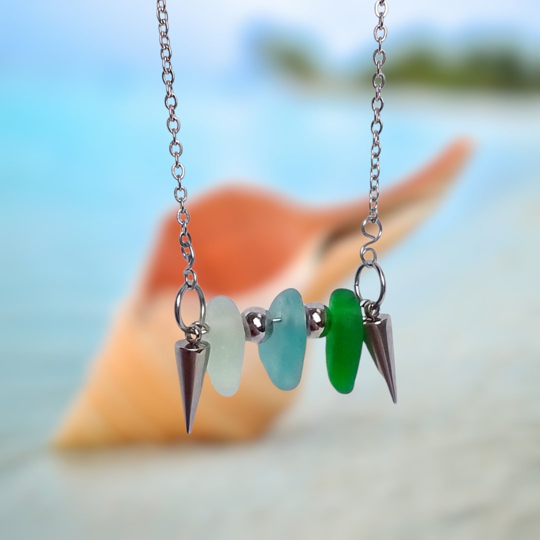 Seaglass triplet with stainless steel spikes 💚 x statement collection coming to my shop soon  #craftmakersuk #TheCraftersUk #getthatgift #SmartSocial #HandmadeHour #UKGiftAM #handmadeinbritain #BizBubble #networkwiththrive #UKGiftHour #bizhour #Craftsuk #craftbizparty #etsyfinds