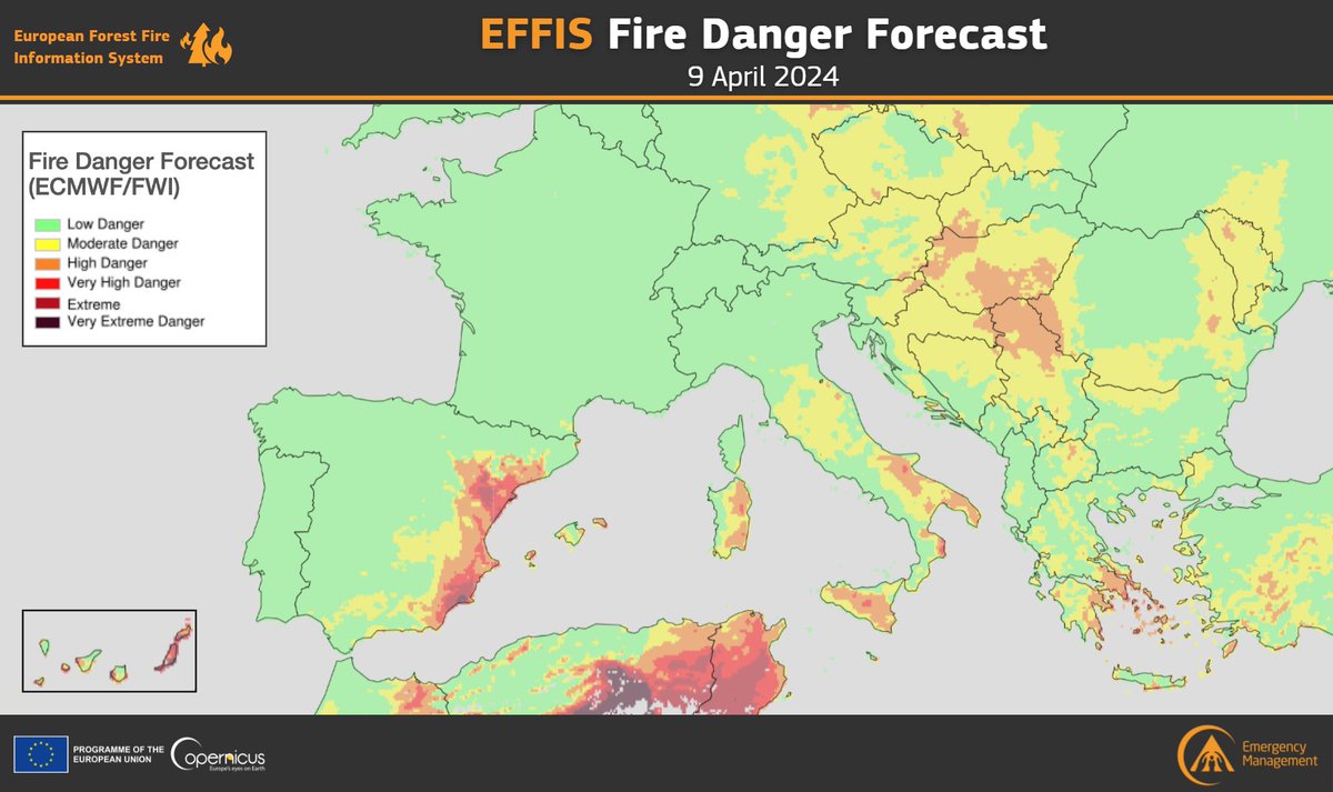 Our #EFFIS🔥 Fire Danger Forecast for 9 April 🟤Very Extreme Danger levels are only present in the #Murcia and #Canarias regions in #Spain However, 🟠High Danger levels are shown in areas of 🇪🇸🇮🇹🇦🇹🇸🇮🇭🇷🇷🇸🇭🇺🇸🇰🇩🇪🇵🇱🇷🇴🇬🇷🇹🇷🇲🇩🇹🇳🇩🇿🇲🇦 More👇 effis.jrc.ec.europa.eu/apps/effis_cur…
