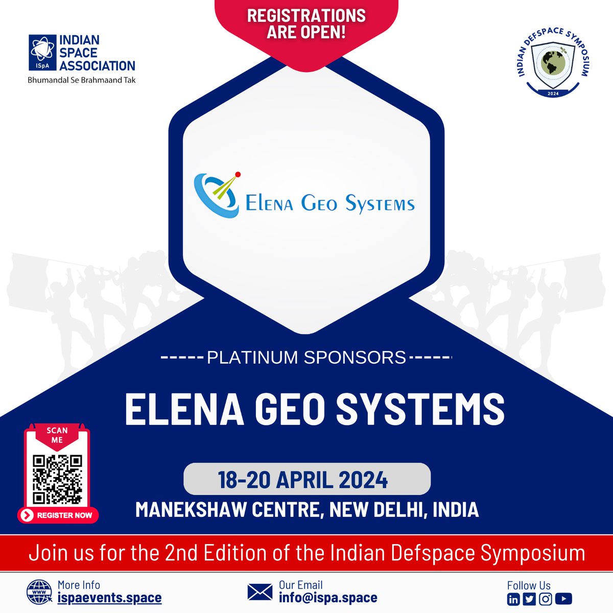 ISpA Welcomes @ElenaGeoSys as a Platinum Sponsor for the Indian DefSpace Symposium 2024. Registrations Now to be a part of a three-day deep dive into the QR or visit lnkd.in/gwZB3iAA for registration.