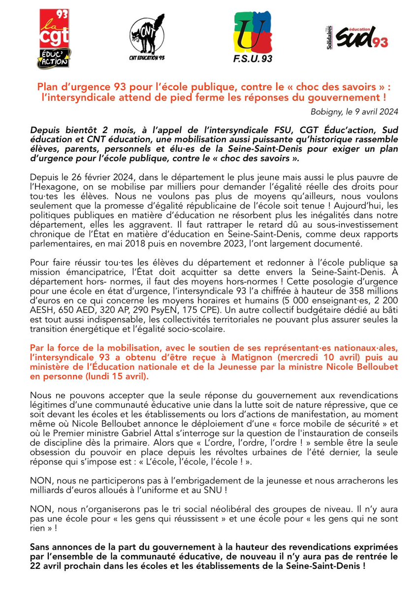 🔴 #Plandurgence93 pour l'école publique, contre le « choc des savoirs » : l'intersyndicale attend de pied ferme les réponses du @gouvernementFR ! Pas d'annonces à la hauteur ? Pas de rentrée le 22 avril dans le 93 ! ✊🪧🔥 @SNUipp_FSU93 @93fsu @SnesFsuCreteil @SNESFSU