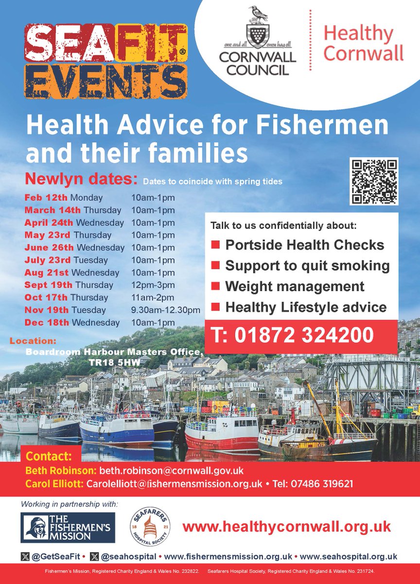 Your health matters! Fishermen in #Newlyn get a free confidential health check and chat, April 24th. Take control of your well-being @thefishmish @seahospital @HealthCornwall