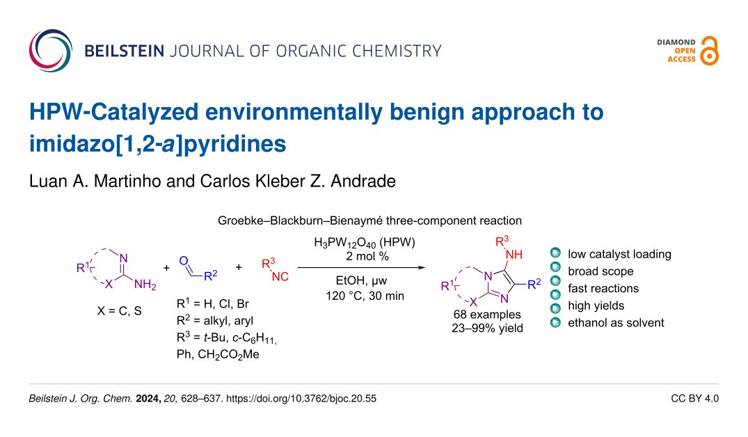 📌 Researchers @unb_oficial 🇧🇷 present a straightforward approach to the Groebke–Blackburn–Bienaymé reaction using #phosphotungstic acid as a cheap catalyst for the synthesis of imidazo[1,2-a]pyridines. 👉 beilstein-journals.org/bjoc/articles/… 💎🔓 #BJOC