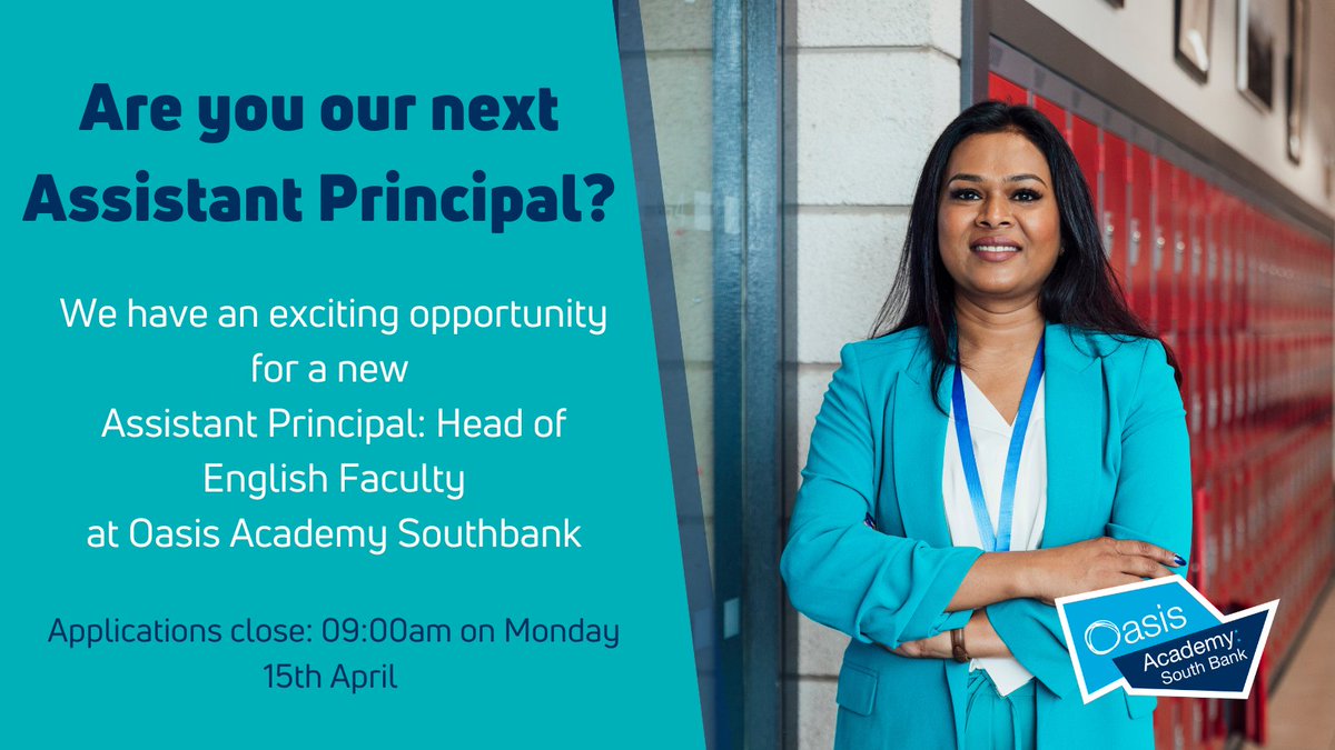 We're #hiring! We need a new leader & teacher for @OasisSouthBank's successful English department. If you're passionate about leadership, English education & ready to make a difference, apply now! Applications close on Monday 15th April. Read more here - oclcareers.org/job/associate-…